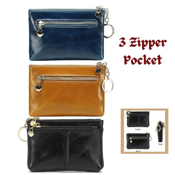 Mini Coin Purse W/ Key Ring Triple Zipper Fashion, PU Leather Card Holder Wallet - Picture 4 of 7